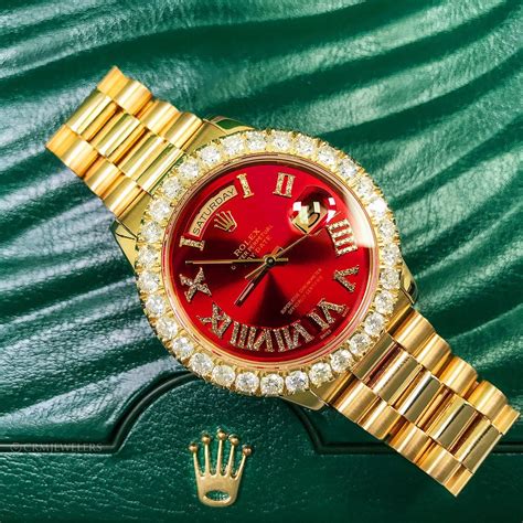 red dial gold diamond rolex|rolex watch with red face.